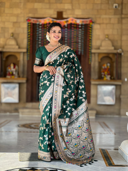 Bottle Green Banarasi Silk Saree with Intricate Zari Work