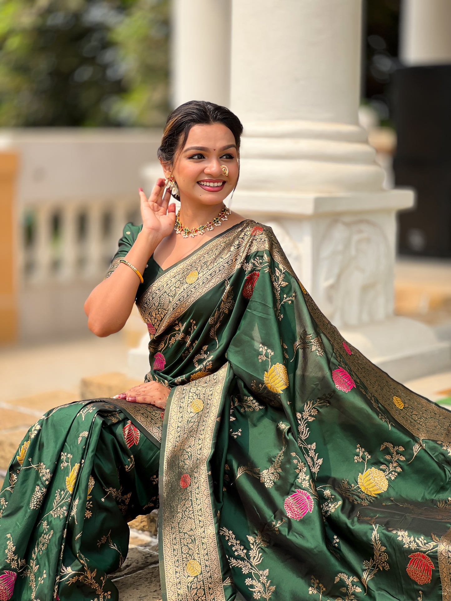 Bottle Green Banarasi Silk Saree with Intricate Zari Work