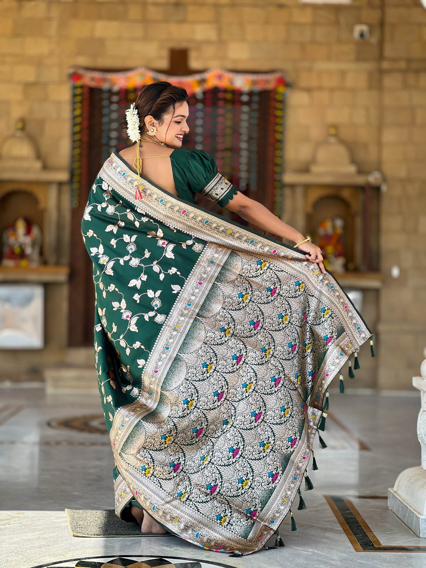 Bottle Green Banarasi Silk Saree with Intricate Zari Work