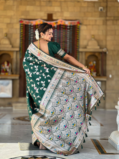 Bottle Green Banarasi Silk Saree with Intricate Zari Work