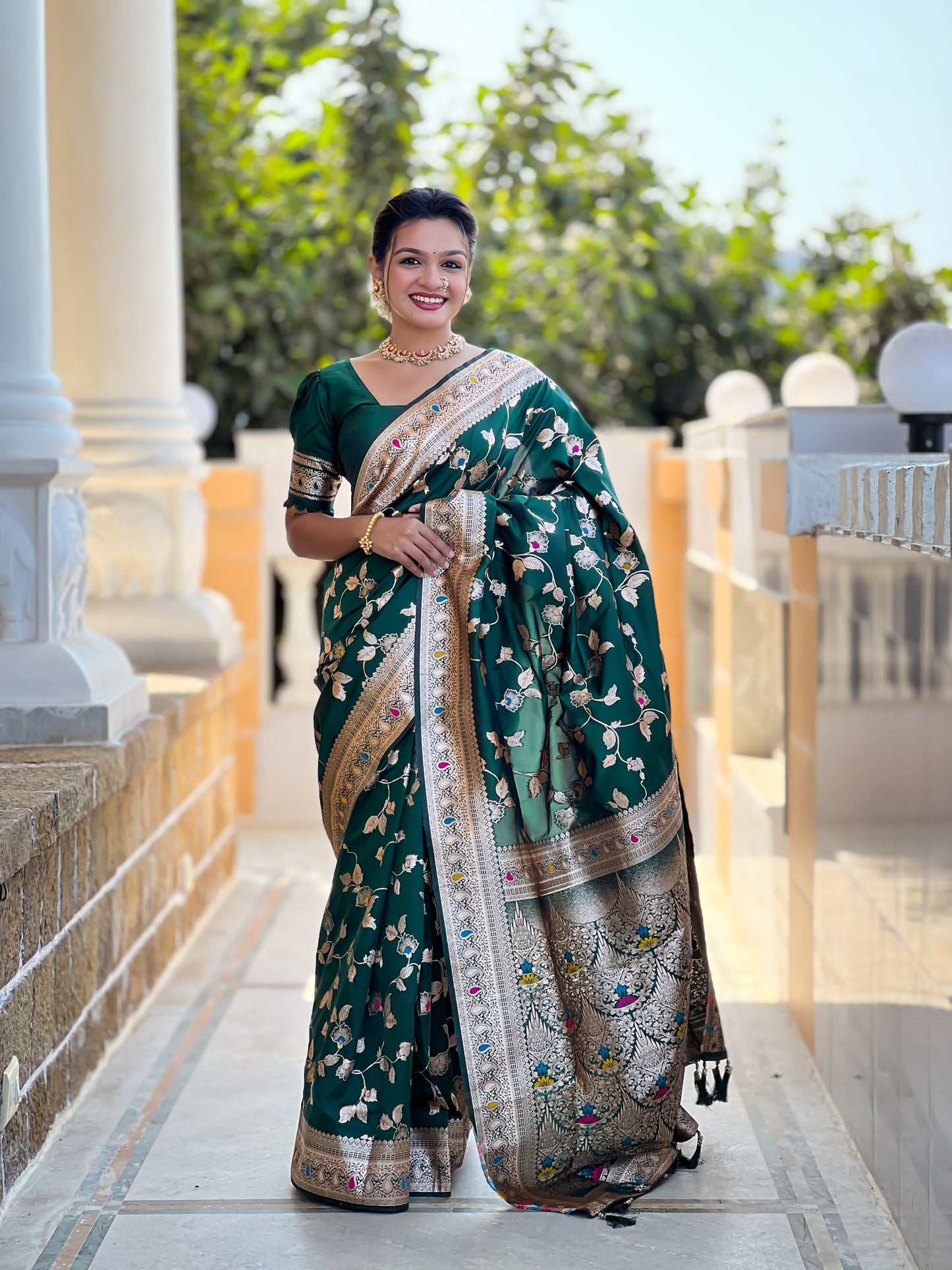 Bottle Green Banarasi Silk Saree with Intricate Zari Work