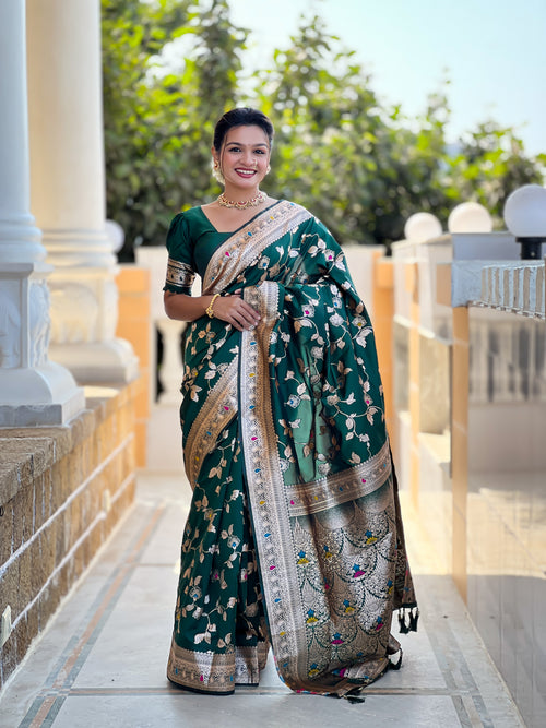 Bottle Green Banarasi Silk Saree with Intricate Zari Work