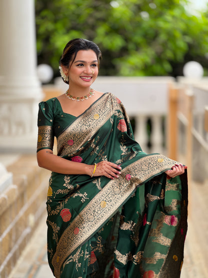 Bottle Green Banarasi Silk Saree with Intricate Zari Work