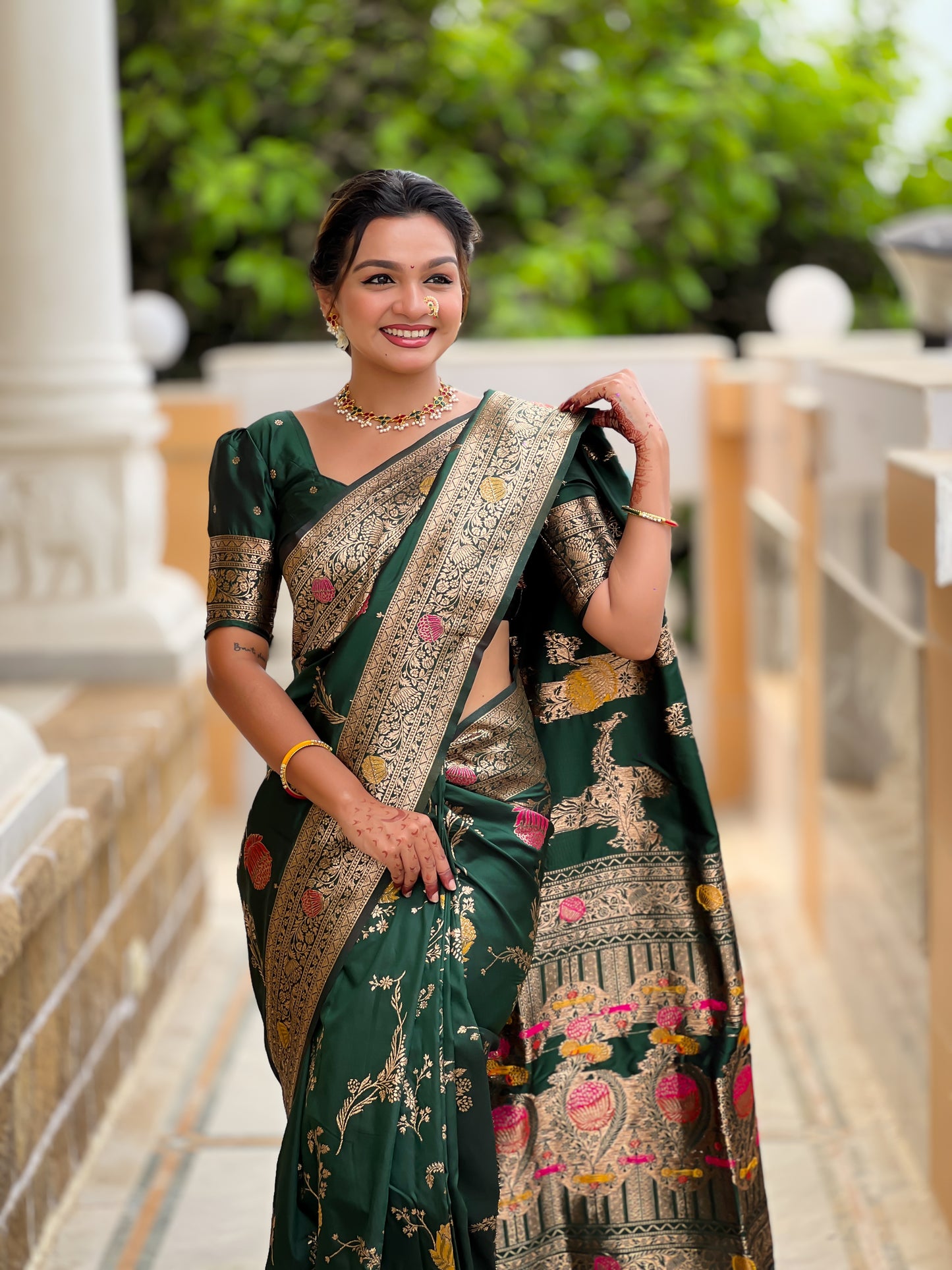 Bottle Green Banarasi Silk Saree with Intricate Zari Work