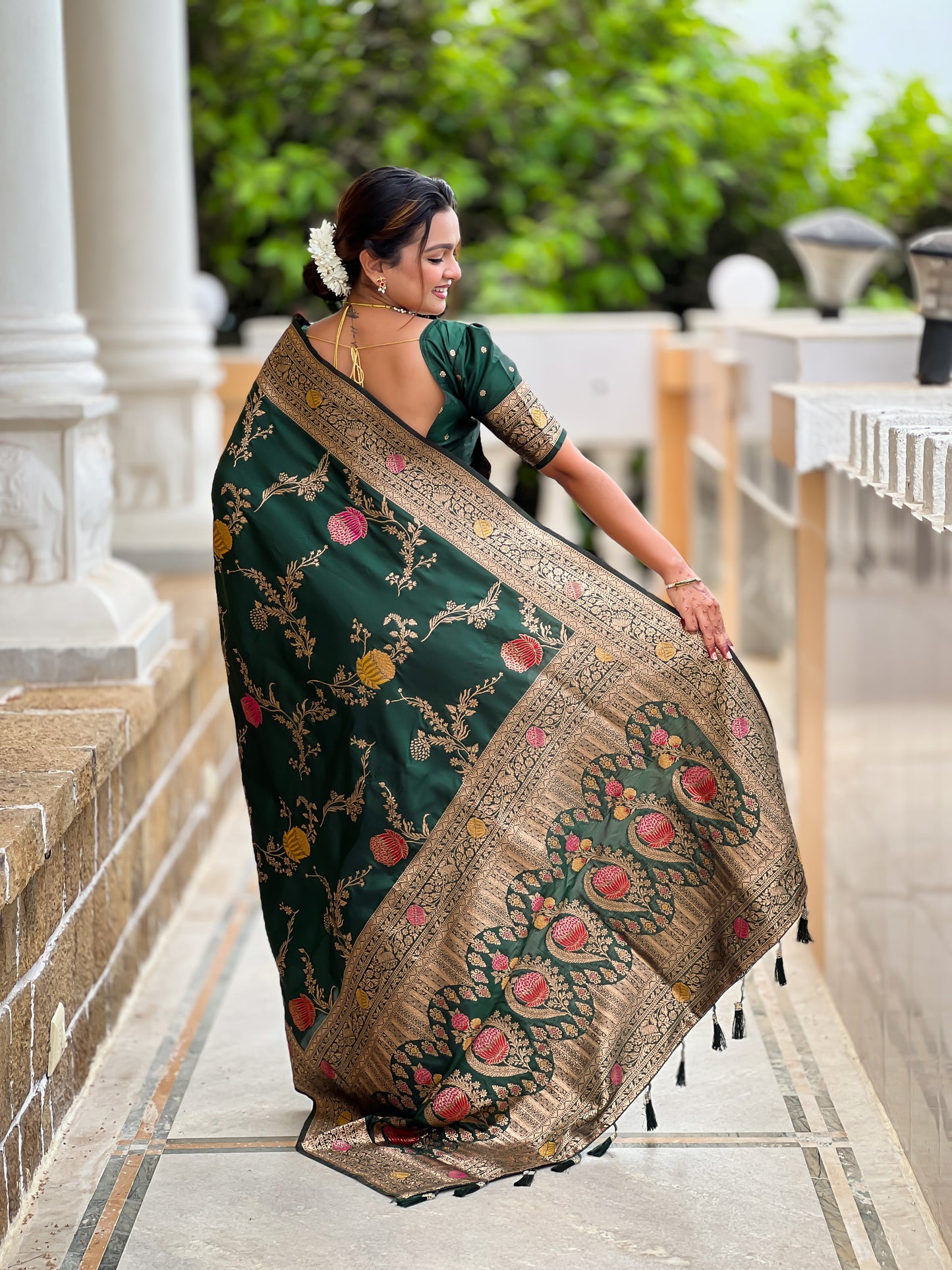Bottle Green Banarasi Silk Saree with Intricate Zari Work
