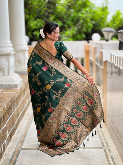 Bottle Green Banarasi Silk Saree with Intricate Zari Work
