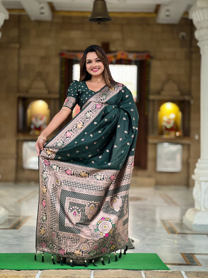 Bottle Green Banarasi Soft Silk Saree