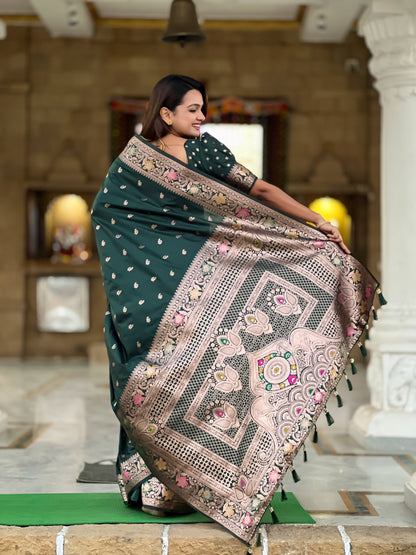 Bottle Green Banarasi Soft Silk Saree