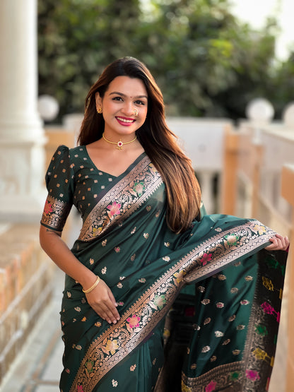 Bottle Green Banarasi Soft Silk Saree
