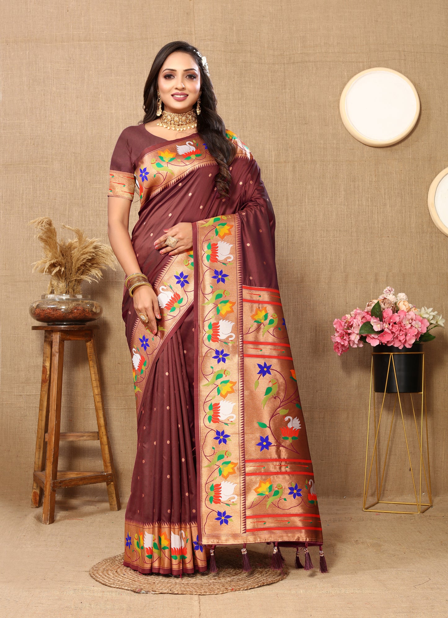 Coffee Yeola Style Rajhans Paithani Saree