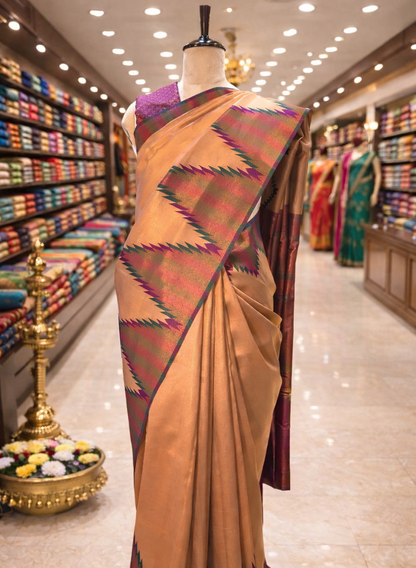 Cream Gold Temple Border Kanjivaram Soft Silk Saree