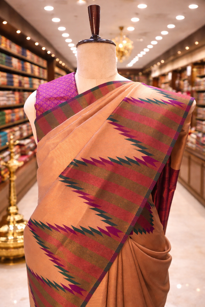 Cream Gold Temple Border Kanjivaram Soft Silk Saree