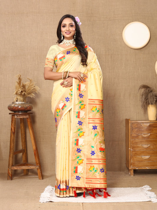 Cream Yeola Style Rajhans Paithani Saree