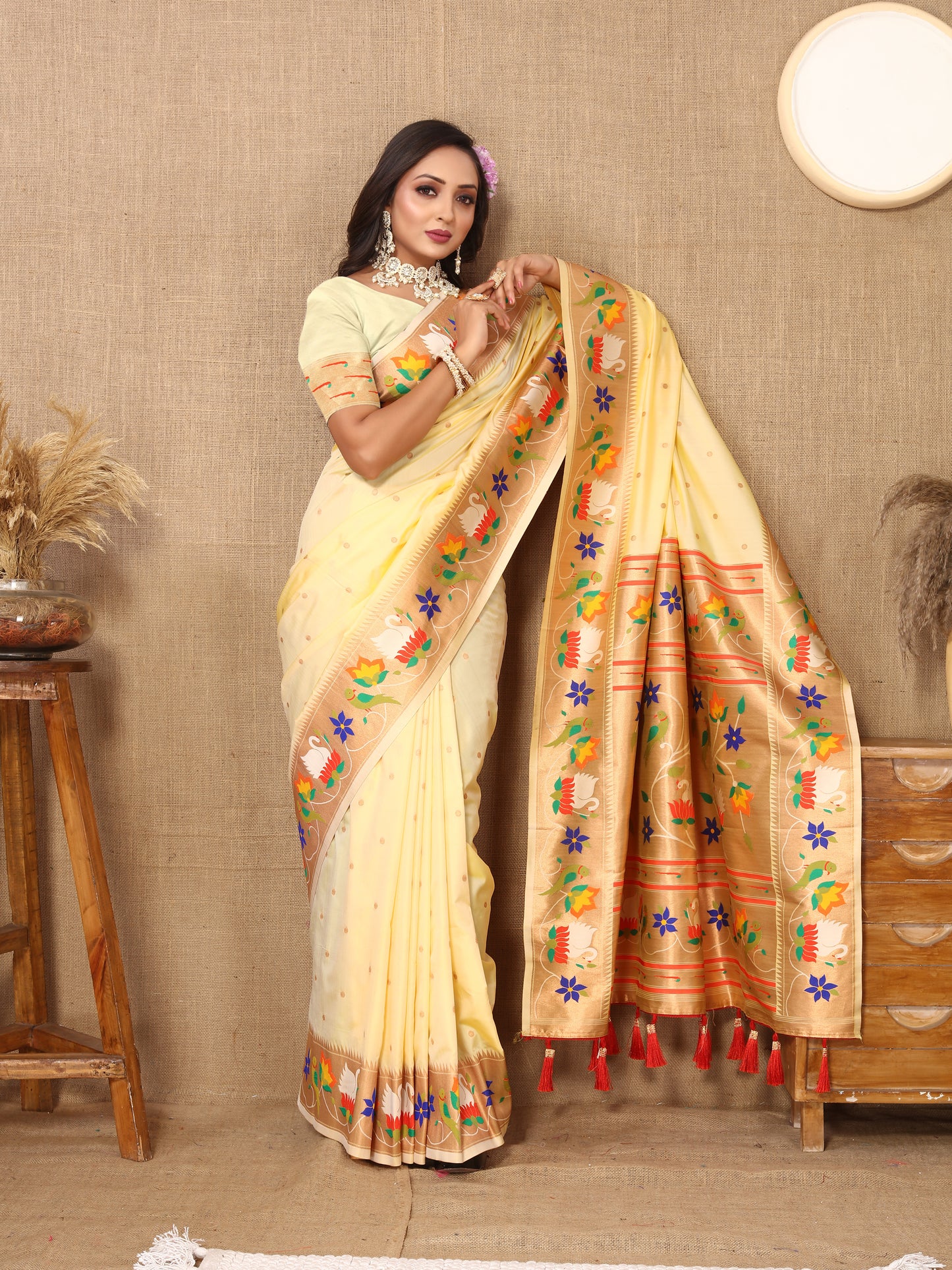 Cream Yeola Style Rajhans Paithani Saree