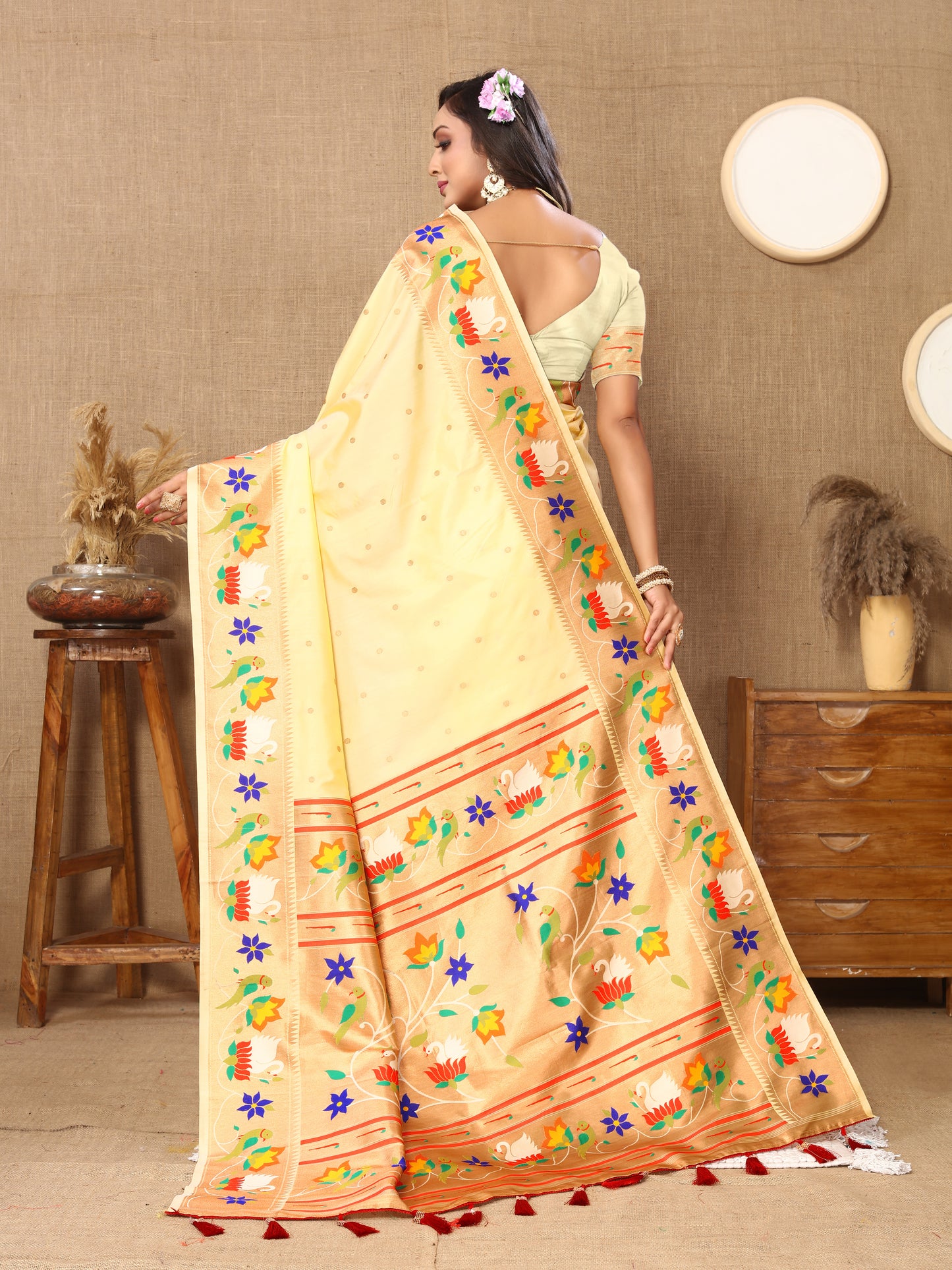 Cream Yeola Style Rajhans Paithani Saree