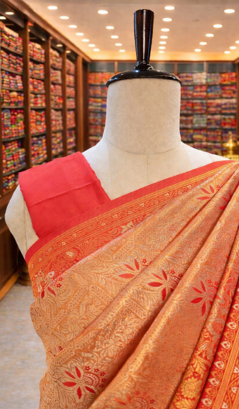Sringara Orange Kanchipuram Tissue Soft Silk Saree