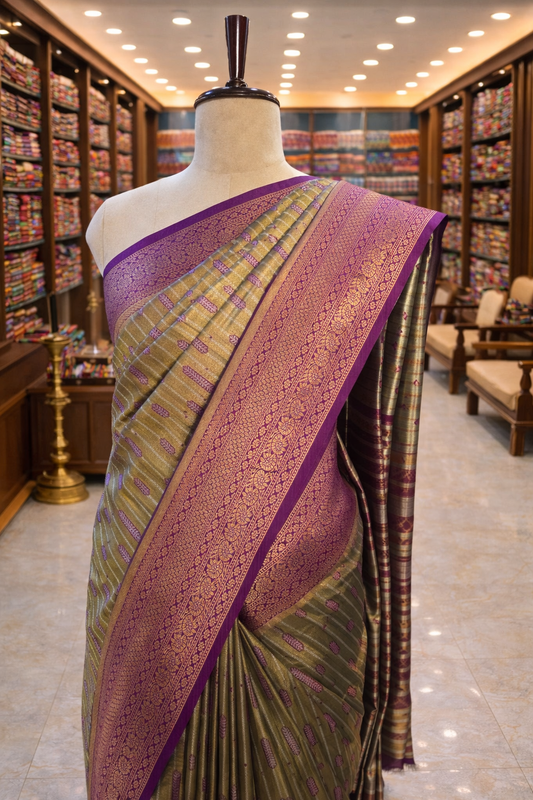 Varnika Antique Gold with Purple Banglori Tissue Soft Silk Saree