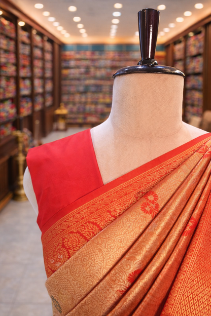 Saundarya Orange Kanjivaram Tissue Soft Silk Saree