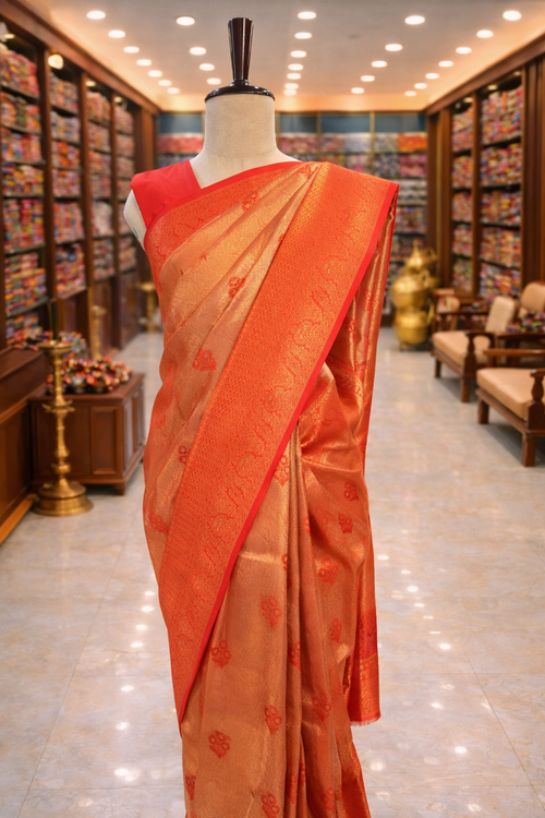Saundarya Orange Kanjivaram Tissue Soft Silk Saree