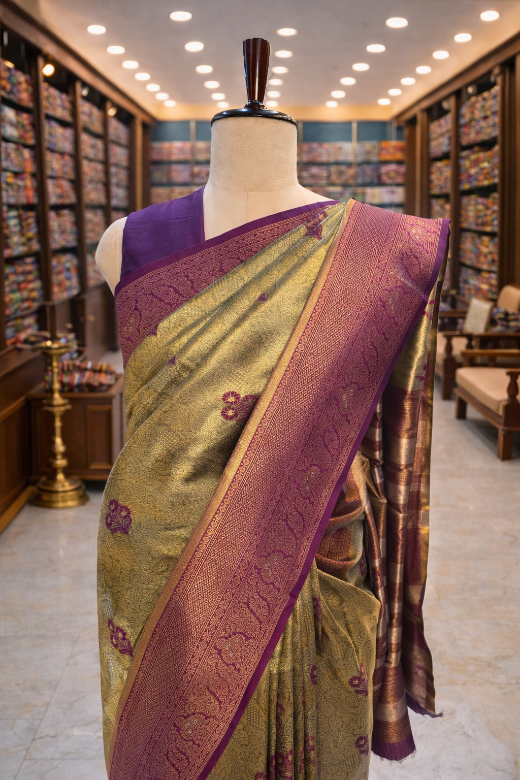 Saundarya Antique Gold with Purple Kanjivaram Tissue Soft Silk Saree