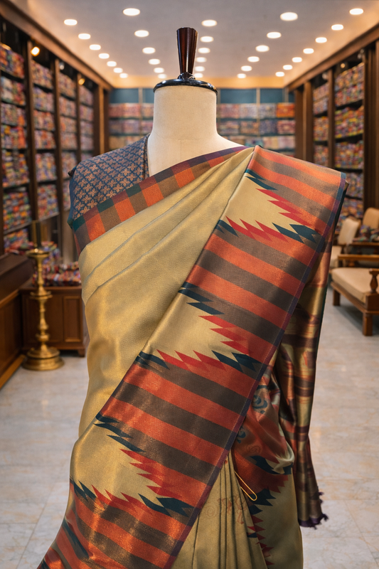 Pista Gold Temple Border Kanjivaram Soft Silk Saree