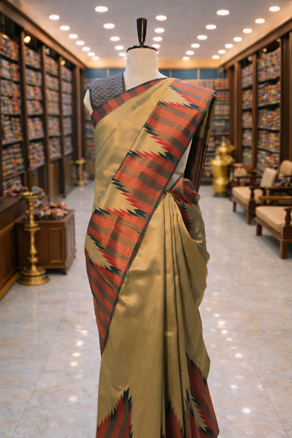 Pista Gold Temple Border Kanjivaram Soft Silk Saree