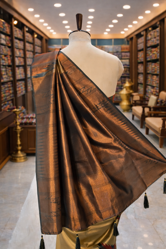 Pista Gold Temple Border Kanjivaram Soft Silk Saree