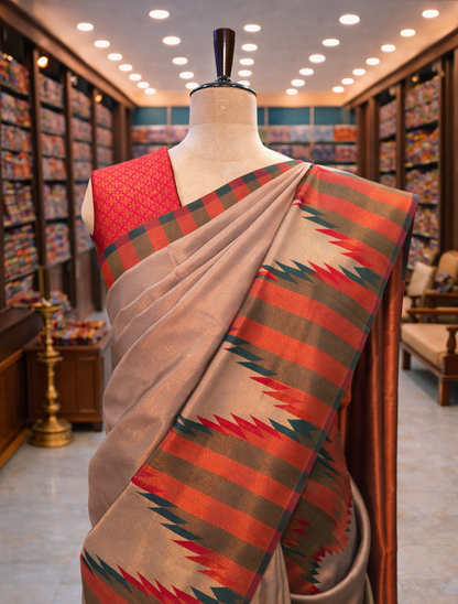 Beige Brown Temple Border Kanjivaram Soft Silk Saree