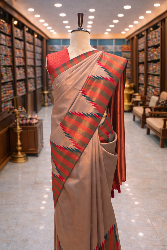 Beige Brown Temple Border Kanjivaram Soft Silk Saree