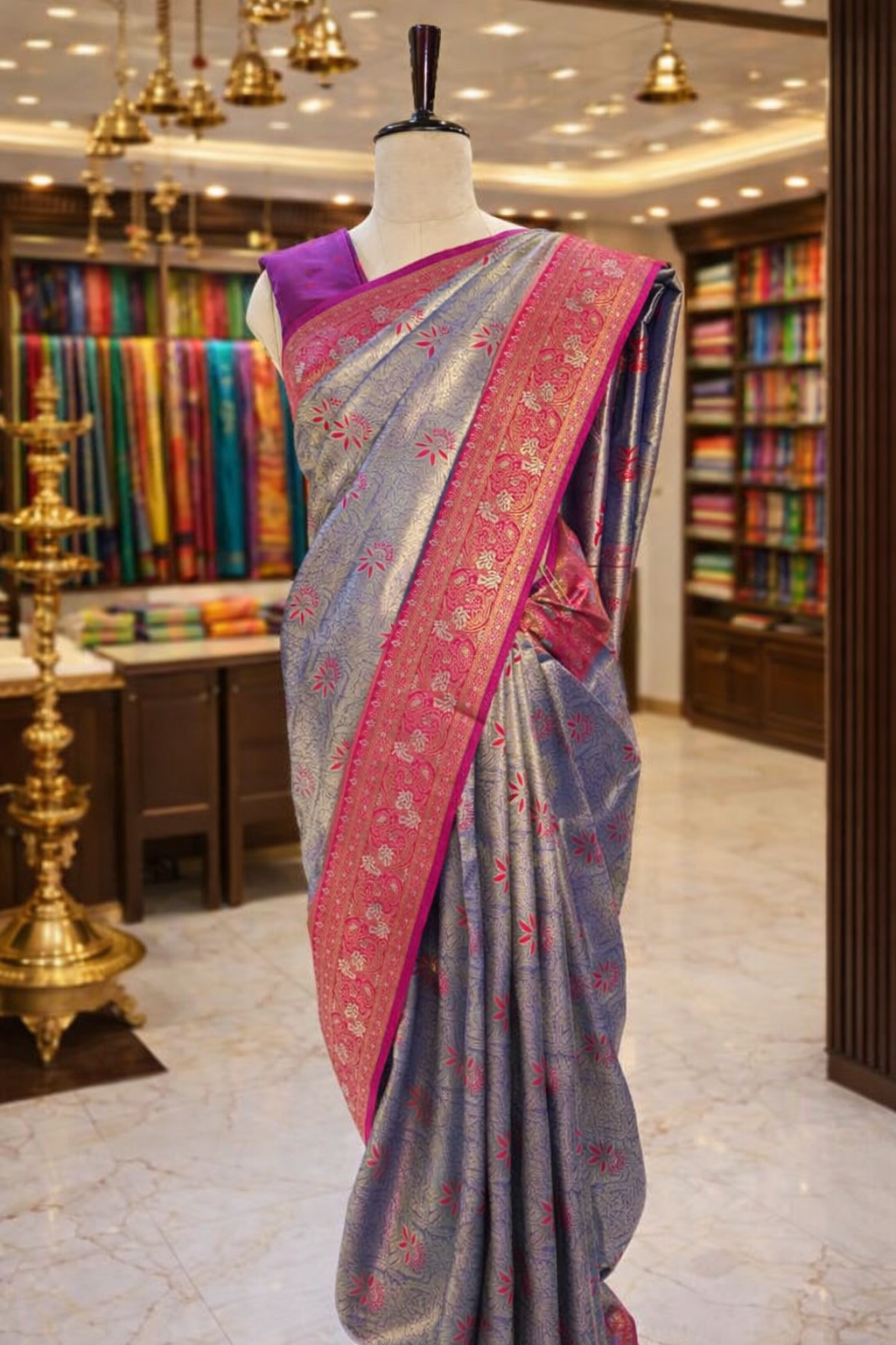 Sringara Royal Blue with Red Kanjivaram Tissue Soft Silk Saree