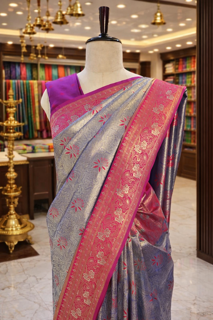 Sringara Royal Blue with Red Kanjivaram Tissue Soft Silk Saree