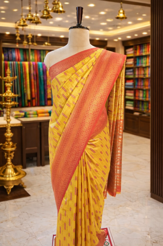 Varnika Yellow with Red Banglori Tissue Soft Silk Saree