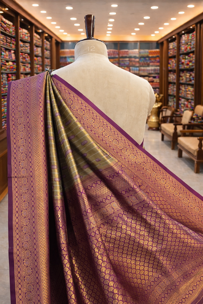 Varnika Antique Gold with Purple Banglori Tissue Soft Silk Saree