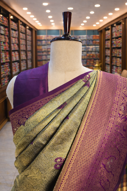 Saundarya Antique Gold with Purple Kanjivaram Tissue Soft Silk Saree