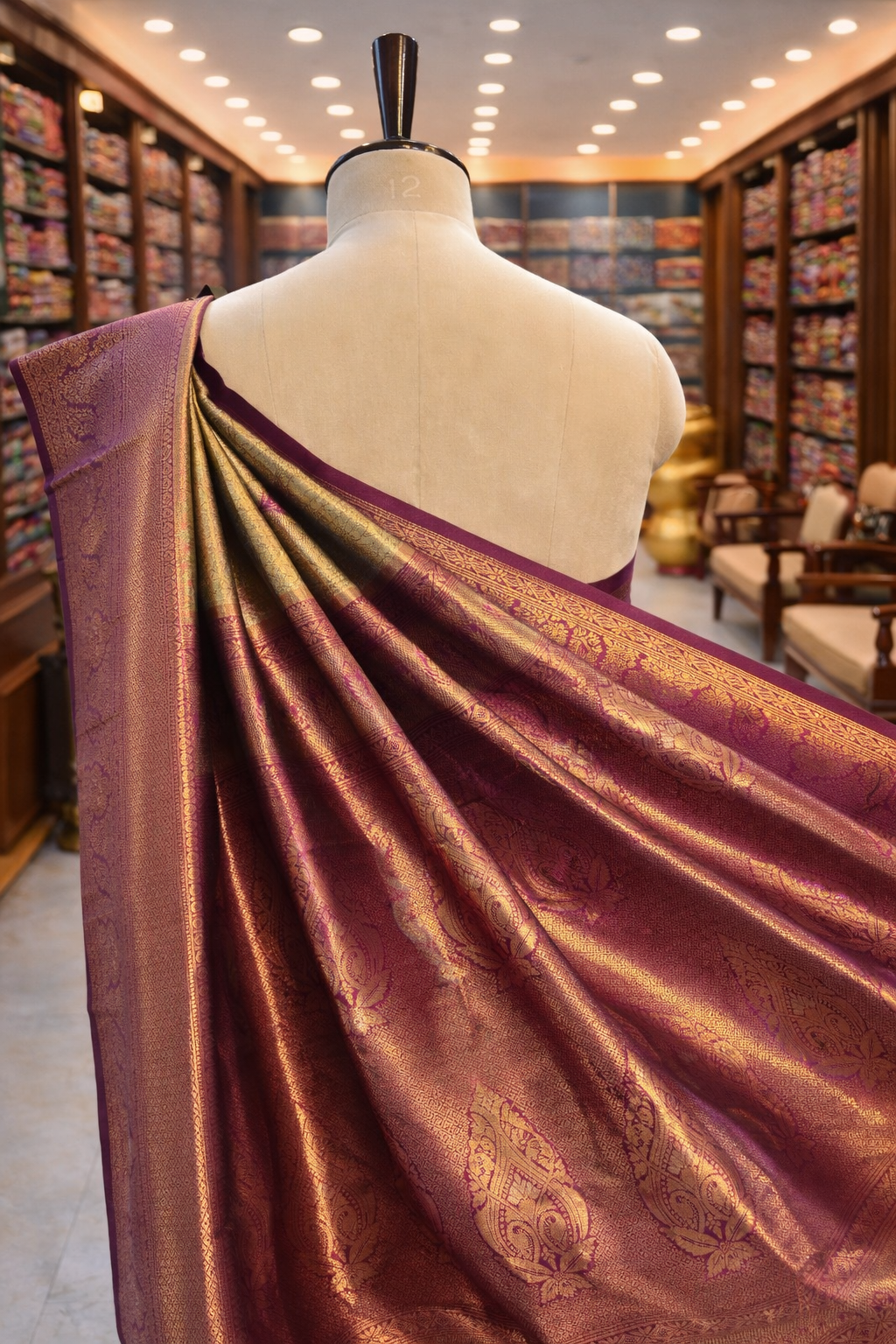 Saundarya Antique Gold with Purple Kanjivaram Tissue Soft Silk Saree