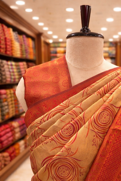 Golden Beige Lila Kanjivaram tissue soft Silk Saree