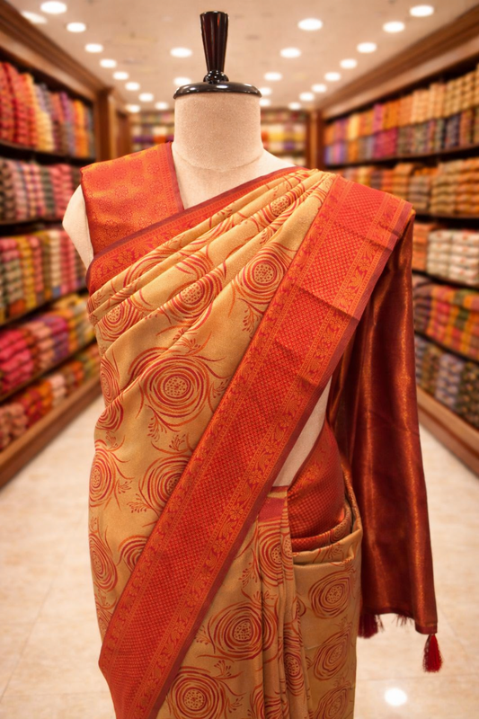 Golden Beige Lila Kanjivaram tissue soft Silk Saree