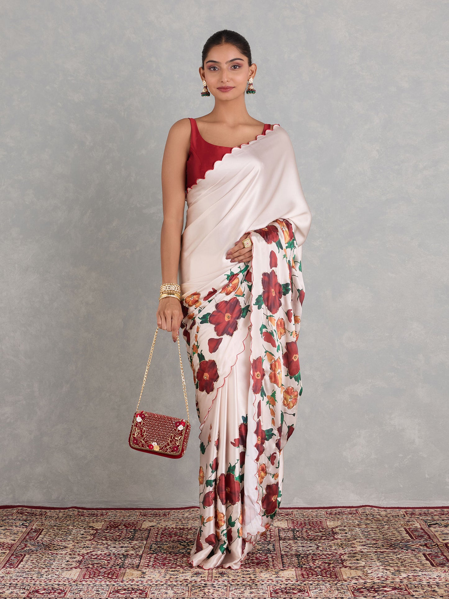 Exclusive White Japan Satin Digital Print with Handwork Saree