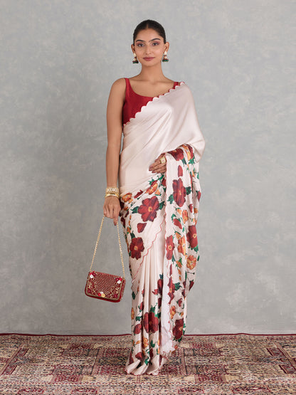 Exclusive White Japan Satin Digital Print with Handwork Saree