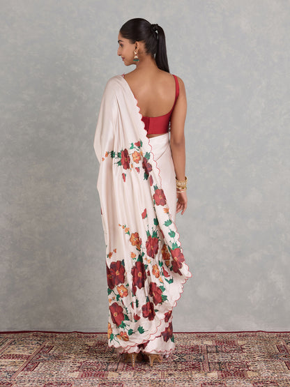 Exclusive White Japan Satin Digital Print with Handwork Saree