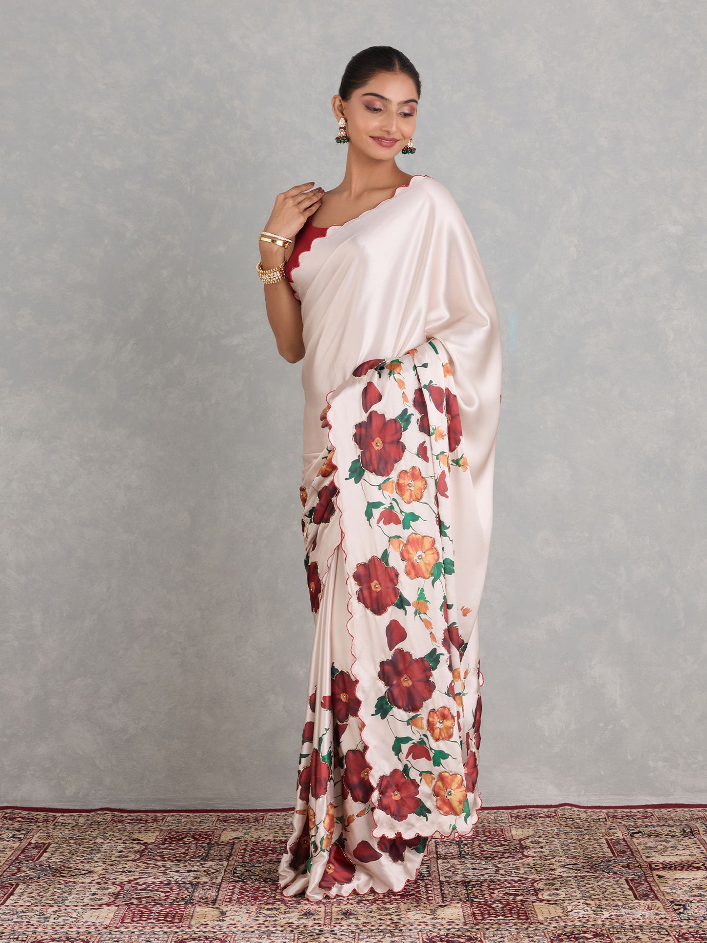 Exclusive White Japan Satin Digital Print with Handwork Saree