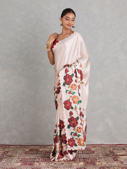 Exclusive White Japan Satin Digital Print with Handwork Saree