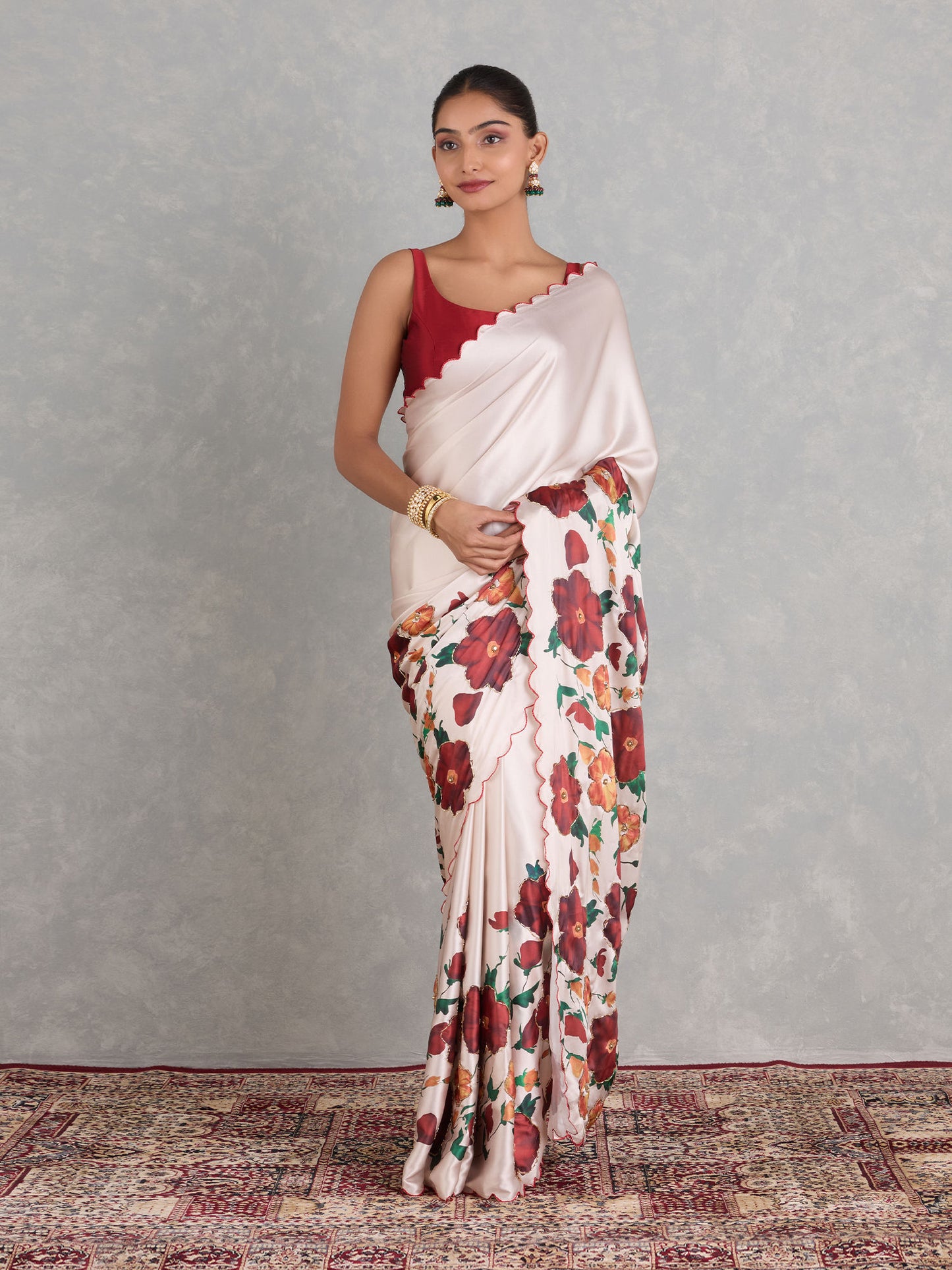 Exclusive White Japan Satin Digital Print with Handwork Saree
