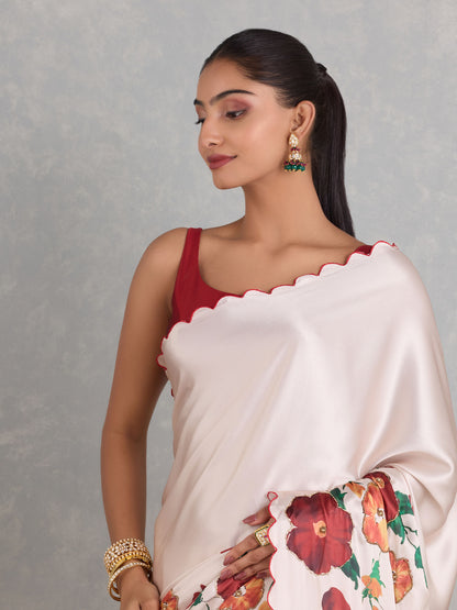 Exclusive White Japan Satin Digital Print with Handwork Saree