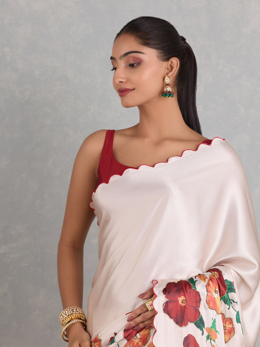 Exclusive White Japan Satin Digital Print with Handwork Saree