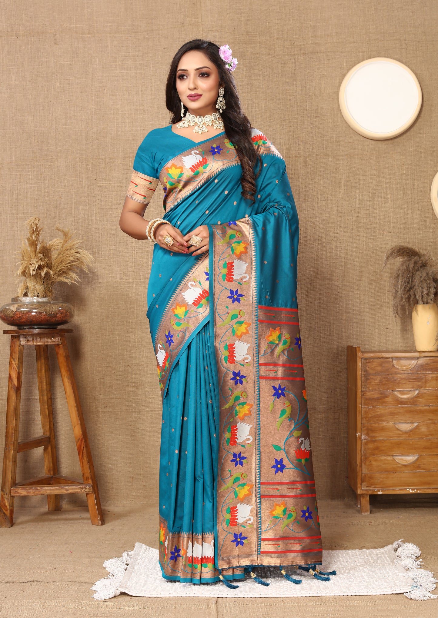 Firozi Yeola Style Rajhans Paithani Saree