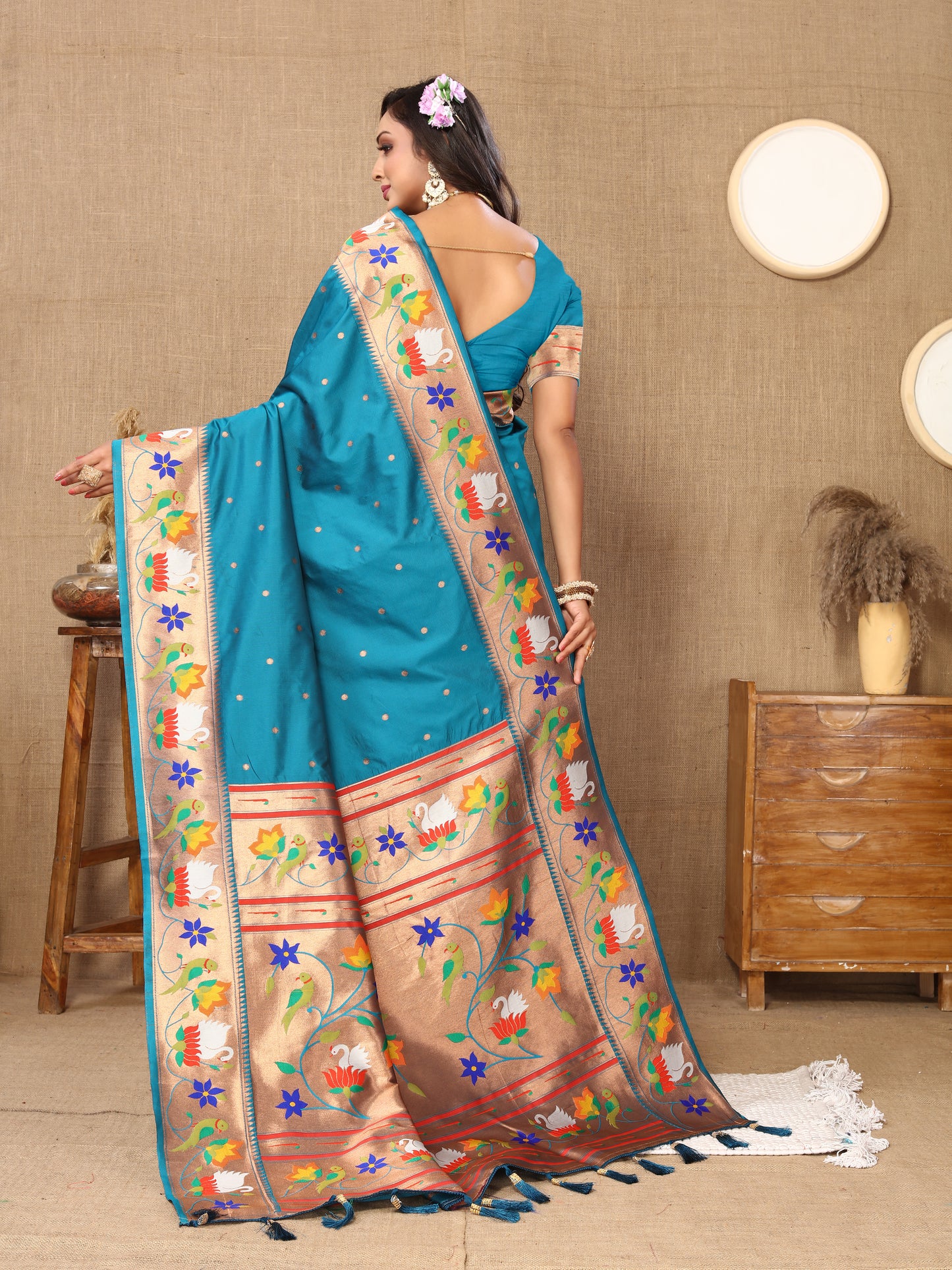 Firozi Yeola Style Rajhans Paithani Saree