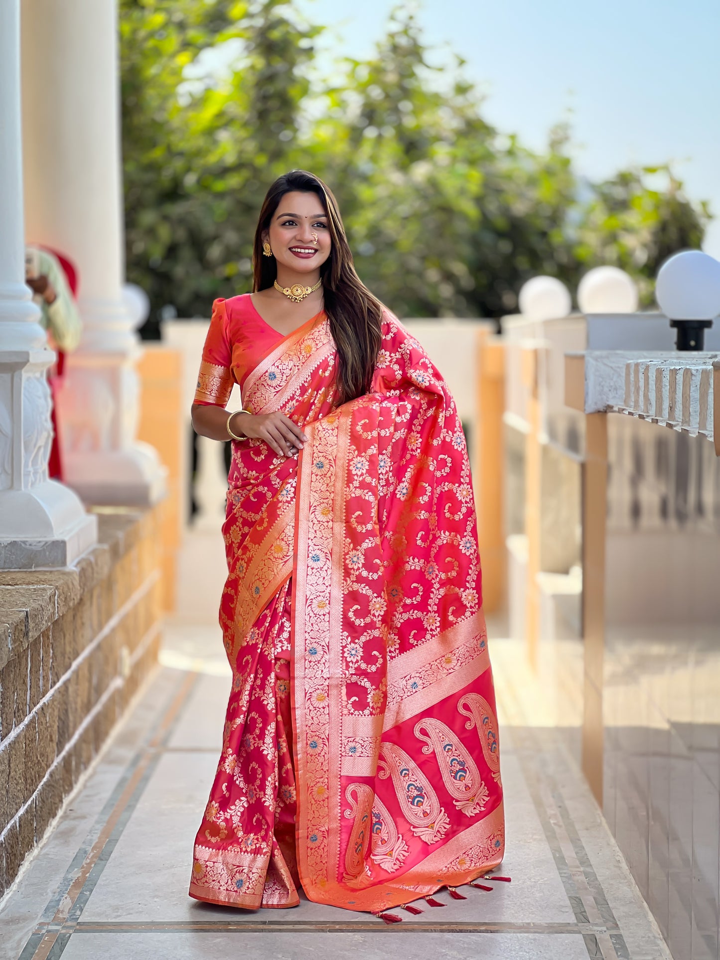 Gajari Pink Banarasi Soft Silk Saree