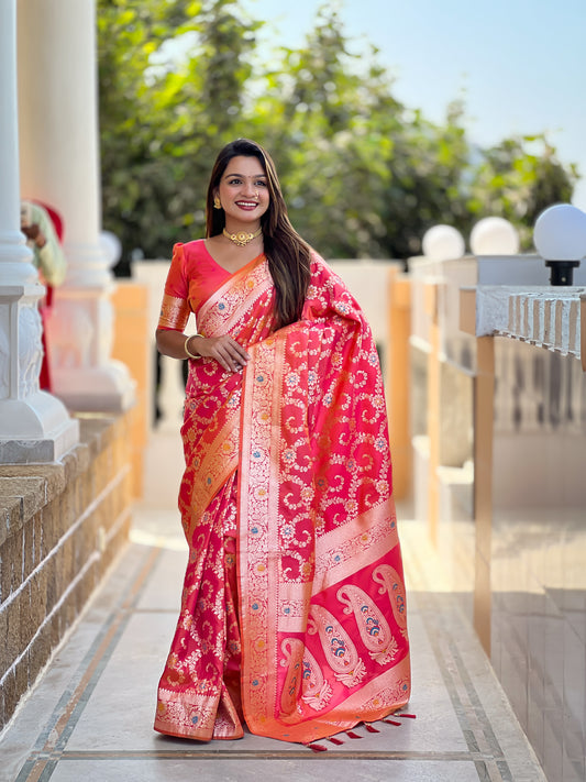 Gajari Pink Banarasi Soft Silk Saree
