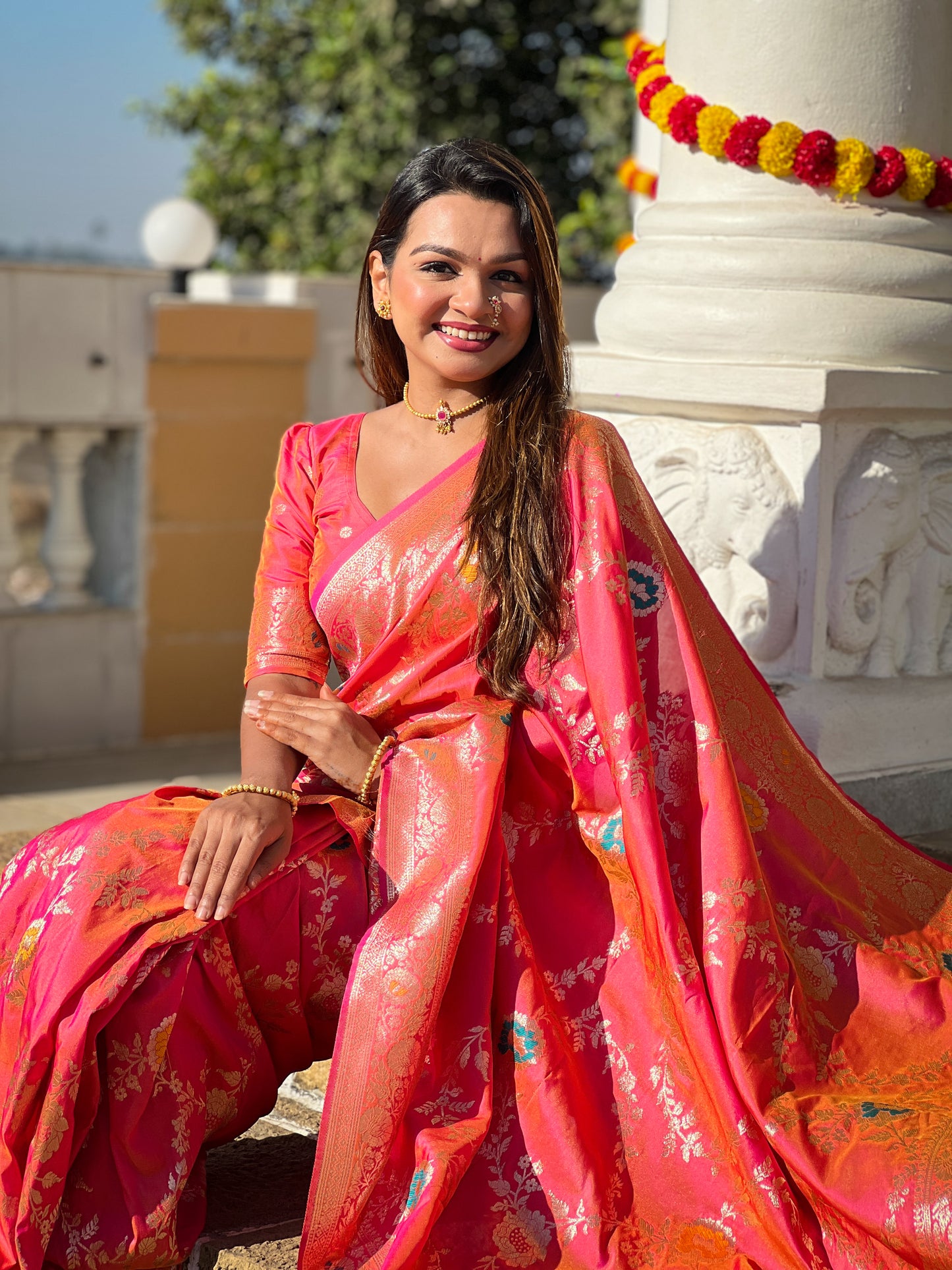 Gajari Pink Banarasi Silk Saree with Intricate Zari Work
